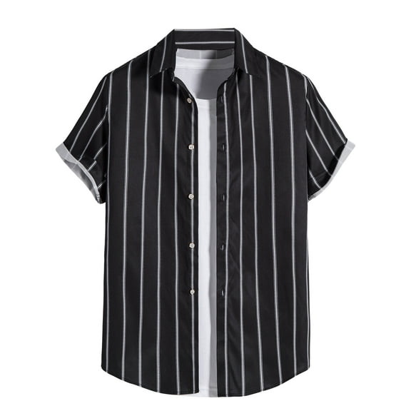 AHTJRT Men's Summer Hawaiian Shirt Casual Striped Short Sleeve Button Down Blouse for Beachwear Black S