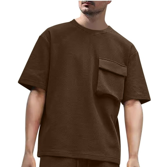 AHTJRT Men's Summer Oversized Loose-fit Cotton T-shirt with Pocket Coffee 3XL