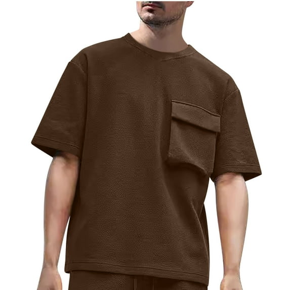 AHTJRT Men's Summer Oversized Loose-fit Cotton T-shirt with Pocket Coffee XL