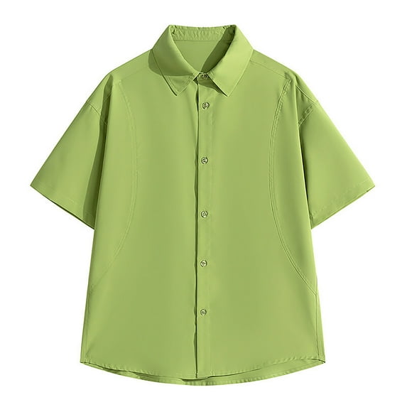 AHTJRT Men's Summer Short Sleeve Button-Down Wrinkle-Free Formal Shirts Casual Slim Fit Stretch Tops Green 2XL