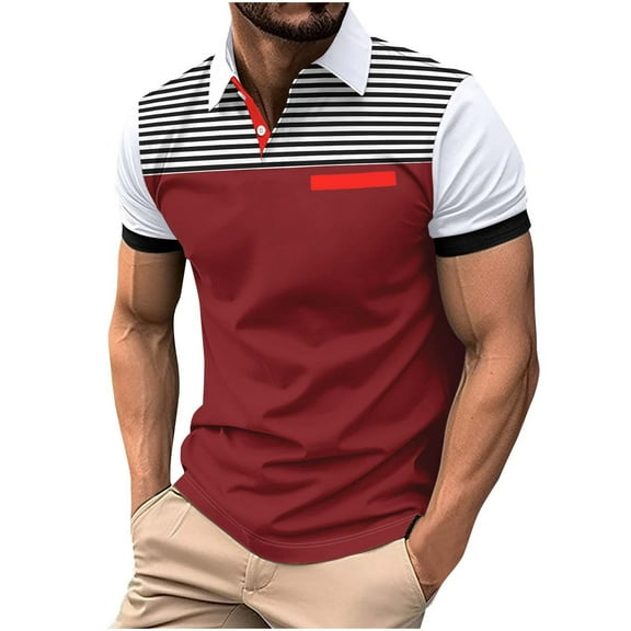 AHTJRT Men's Summer Slim Fit Muscle Shirt Casual Short Sleeve T-Shirt with Contrast Color Stitching Stripe Wine 2XL