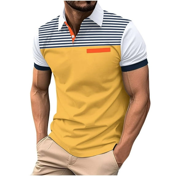 AHTJRT Men's Summer Slim Fit Muscle Shirt Casual Short Sleeve T-Shirt with Contrast Color Stitching Stripe Yellow M