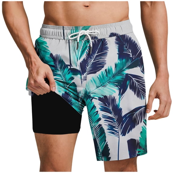 AHTJRT Men's Swim Trunks Built-In Shorts 2 in 1 Lightweight Elastic Drawstring Waist Summer Shorts Knee Length Quick Dry Beach Shorts Fashion Hawaiian Floral Print Bottoms Blue#13 XL