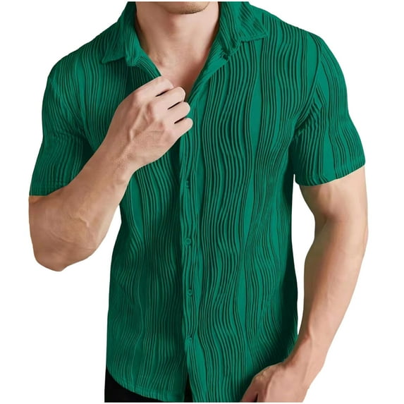 AHTJRT Men's Textured Summer Beach Shirt Casual Short Sleeve with Pocket Button Down Style Green 2XL