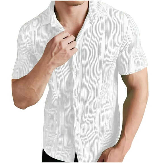 AHTJRT Men's Textured Summer Beach Shirt Casual Short Sleeve with Pocket Button Down Style White XL