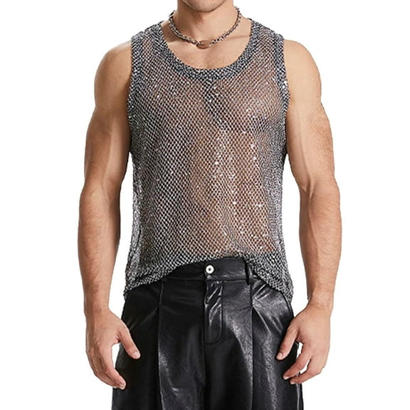 AHTJRT Men's Trendy Fashionable Sleeveless Mesh Tank Top Round Neck Sheer Design Bold Statement Going Out Clubwear Shirt Black S