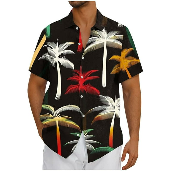 AHTJRT Men's Tropical Aloha Shirt Vibrant Palm Frond Prints Perfect for Beach Parties & Summer Getaways Black L