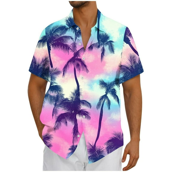 AHTJRT Men's Tropical Aloha Shirt Vibrant Palm Frond Prints Perfect for Beach Parties & Summer Getaways Multicolor XL