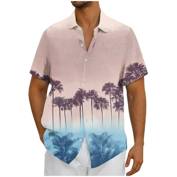 AHTJRT Men's Tropical Aloha Shirt Vibrant Palm Frond Prints Perfect for Beach Parties & Summer Getaways Pink L
