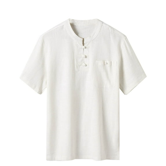 AHTJRT Men's Vintage Casual Short Sleeve Henley Shirt Lightweight Relaxed Fit Chest Pocket Blouse Beige 2XL