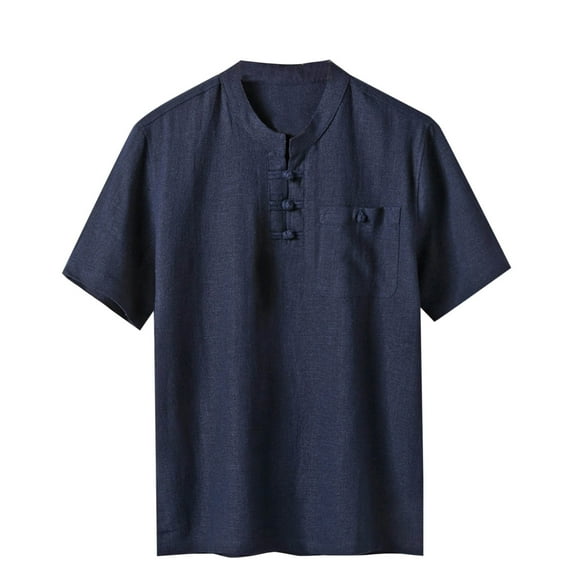 AHTJRT Men's Vintage Casual Short Sleeve Henley Shirt Lightweight Relaxed Fit Chest Pocket Blouse Navy 2XL