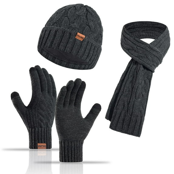 AHTJRT Men's Winter Beanie Hat Scarf Gloves Warm Cable Knit Long Scarves Fleece Slouchy Beanie Touchscreen Mittens 3 in 1 Set Dark Gray Free Size