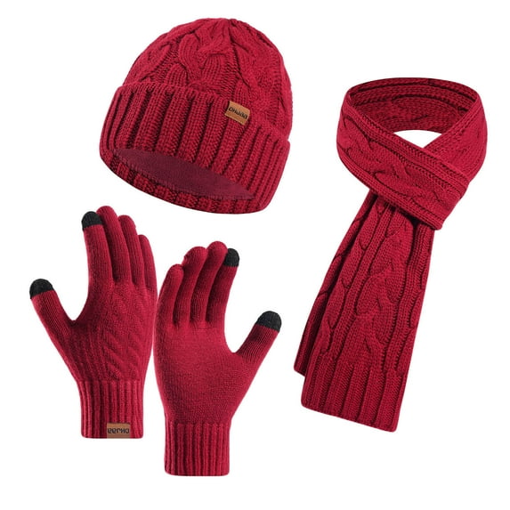 AHTJRT Men's Winter Beanie Hat Scarf Gloves Warm Cable Knit Long Scarves Fleece Slouchy Beanie Touchscreen Mittens 3 in 1 Set Wine Free Size