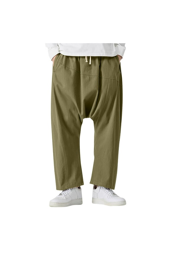 Mens Casual Linen Capri Pants Baggy Harem Style Wide Leg Yoga Beach Pants Army Green L