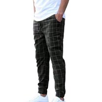 AHTJRT Mens Casual Plaid Dress Pants Slim Fit Tapered Leg Stretch Cinch Chinos Black L
