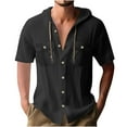 thumbnail image 1 of AHTJRT Mens Casual Short Sleeve Linen Shirts With Pocket Loose Fit Button Down Cardigan Hooded Vocation Tees Black 2XL, 1 of 6