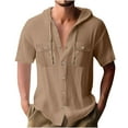 thumbnail image 1 of AHTJRT Mens Casual Short Sleeve Linen Shirts With Pocket Loose Fit Button Down Cardigan Hooded Vocation Tees Brown 2XL, 1 of 6