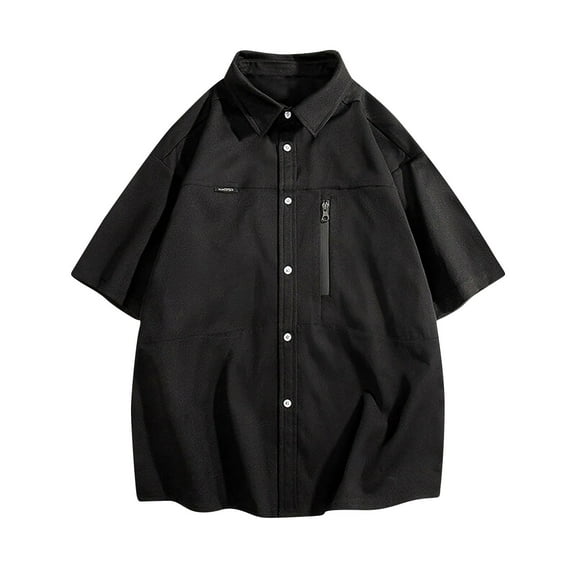 AHTJRT Mens Casual Short Sleeve Work Shirts Loose Fit with Zipper Pocket Collar Black 2XL