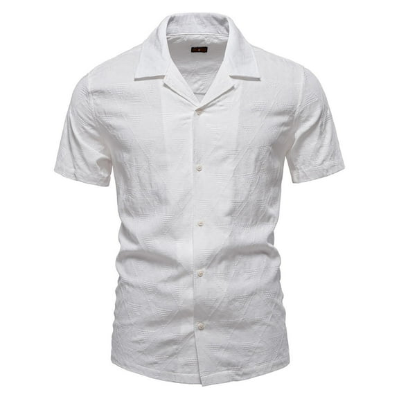 AHTJRT Mens Casual Summer Short Sleeve Texture Turn Down Collar Solid Color Shirts White 2XL