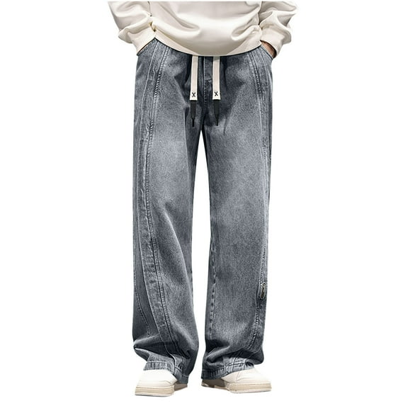 AHTJRT Mens Casual Vintage Elastic Waist Denim Pants Straight Leg Splicing Jean Style Gray 4XL