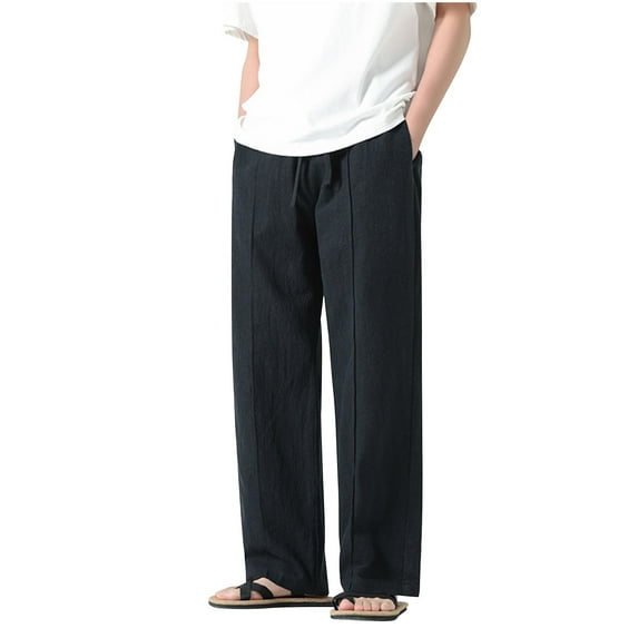 AHTJRT Mens Cotton Linen Baggy Pants Elastic Waist Trousers Fashion Solid Color Straight Leg Workout Pants with Pockets Black 3XL