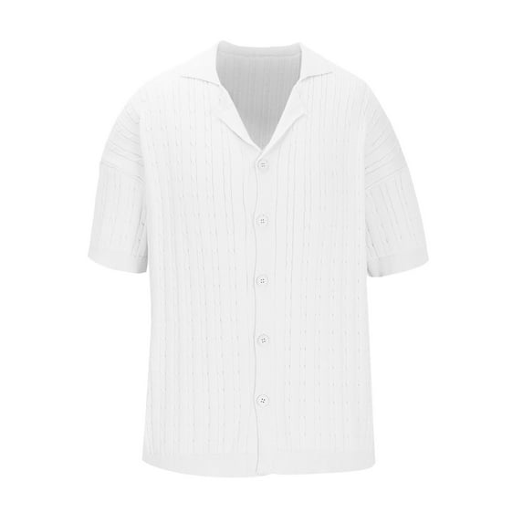 AHTJRT Mens Crochet Style Knit Tees Short Sleeve Button Front Vintage Summer Beach Tops White XL