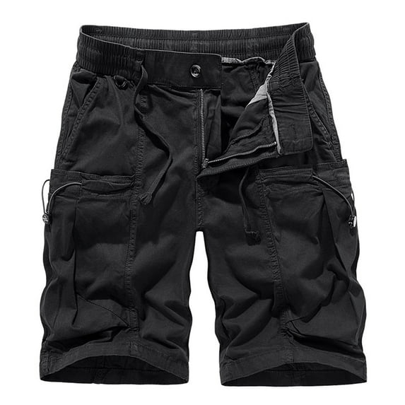 AHTJRT Mens Elastic Waist Multi-Pocket Cargo Shorts Relaxed Fit Black L