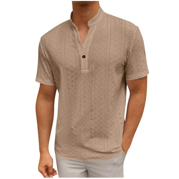 AHTJRT Mens Embroidered Breathable Short Sleeve V Neck Casual Shirts Khaki S