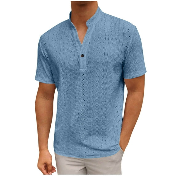 AHTJRT Mens Embroidered Breathable Short Sleeve V Neck Casual Shirts Light Blue 2XL
