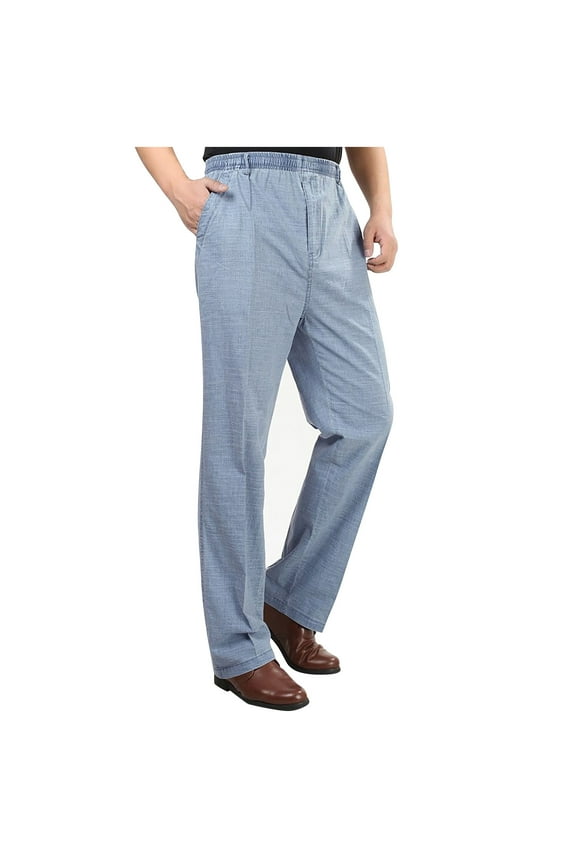 Mens Full Elastic Waist Linen Pull On Straight Trousers Business Work Office Pants with Pockets Blue 2XL