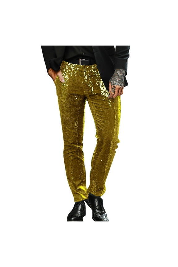 Mens Glittery Disco Night Club Trousers Shiny Sequin Tapered Pants Style Gold 2XL