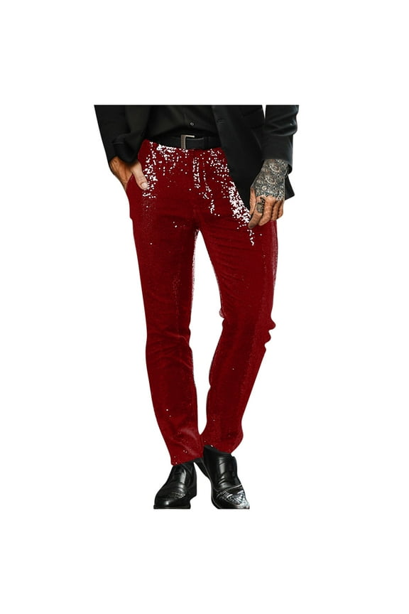 Mens Glittery Disco Night Club Trousers Shiny Sequin Tapered Pants Style Red L