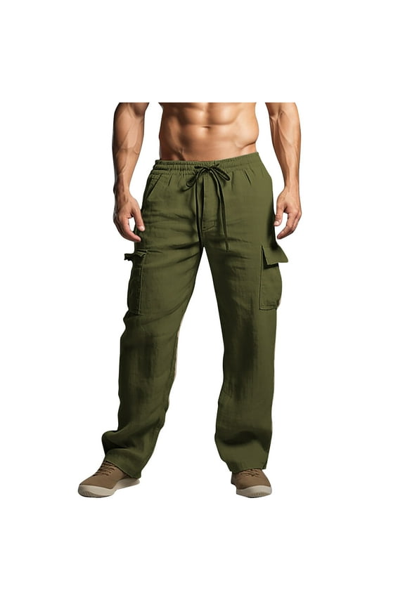 Mens Lightweight Breathable Cotton Linen Cargo Pants Multipocket Elastic Waist Vacation Style Army Green 2XL
