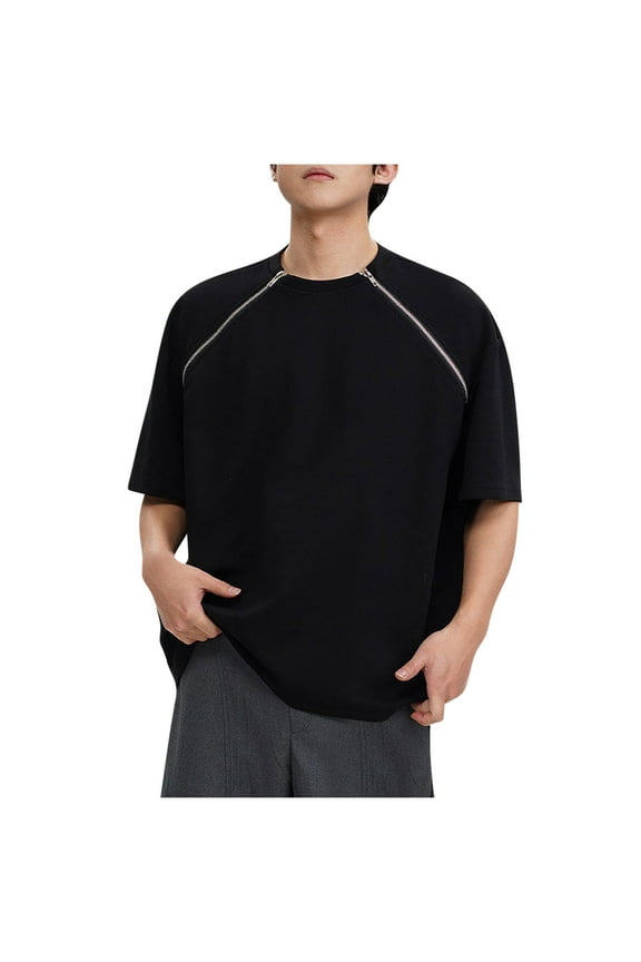 Mens Loose Fit Round Neck Half Sleeve Drop Shoulder Tees with Zipper Solid Basic Tops Black M