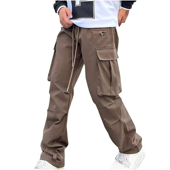 AHTJRT Mens Outdoor Harajuku Style Faux Jeans Cargo Jogger Pants Wide Leg Straight Leg Trousers Streetwear Coffee S