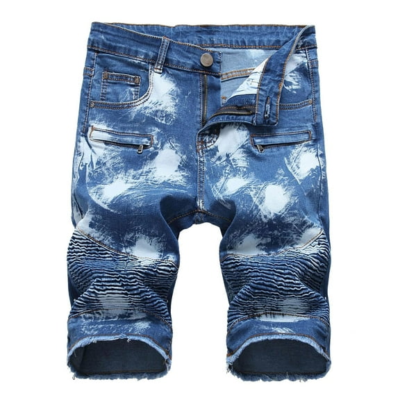 AHTJRT Mens Pleated Slim Fit Ripped Denim Shorts Distressed Style Blue L