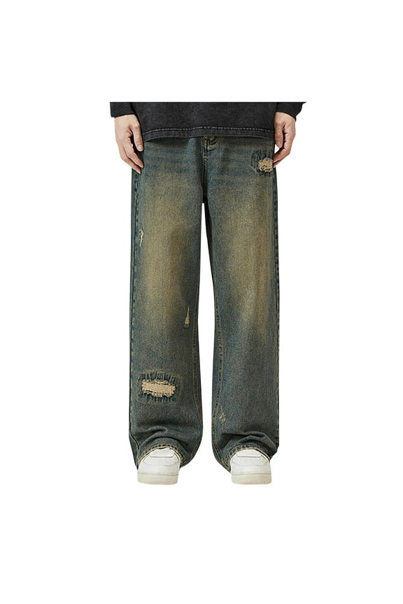 Mens Regular Fit Straight Leg Jeans Y2K Grunge Distressed Denim Pants Style Blue 3XL