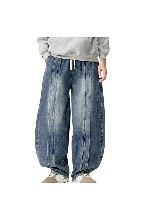 Mens Relaxed Fit Denim Trousers Retro Style Wide Leg High Waist Casual Pants Dark Blue XL