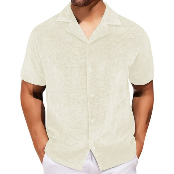 AHTJRT Mens Short Sleeve Casual Button Down Hawaiian Summer Beach Hollow Out Regular Fit Embroidered Shirts Tops Beige L