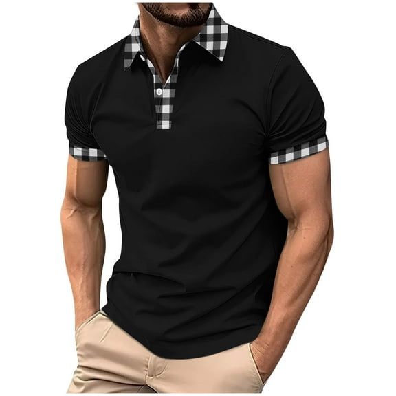 AHTJRT Mens Short Sleeve Cotton Plaid Color Block Golf Tees Trendy Summer Casual Collar Loose Pullover Tops Black 2XL