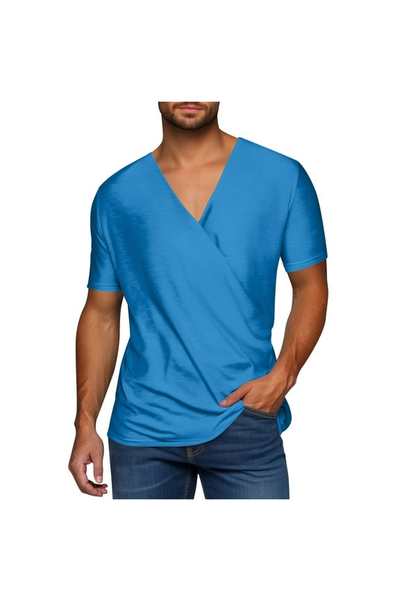 Mens Short Sleeve Deep V Neck Tshirt Slim Fit Crossover Front Summer Casual Fashion Solid Color Short Sleeved Shirt Blue 2XL