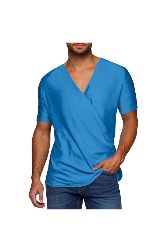Mens Short Sleeve Deep V Neck Tshirt Slim Fit Crossover Front Summer Casual Fashion Solid Color Short Sleeved Shirt Blue S