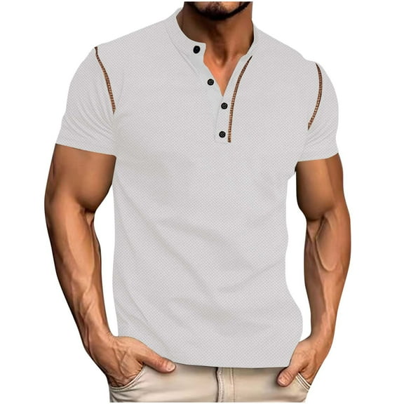 AHTJRT Mens Short Sleeve Henley Shirt Button Placket Slim Fit Contrast Piping Retro Color Block Leisure Tshirt Top White 2XL