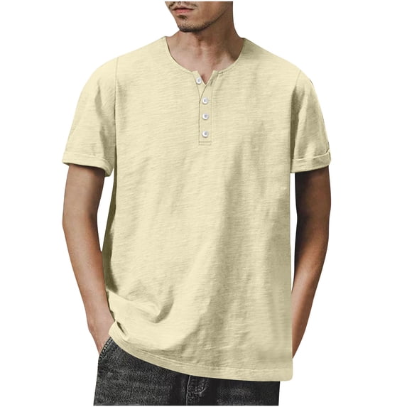 AHTJRT Mens Short Sleeve Henley Shirt Casual Fit Five Button Placket V Neck Casual Fashion Solid Color Short Sleeved Round Neck Button Hem Slit Top Beige 2XL