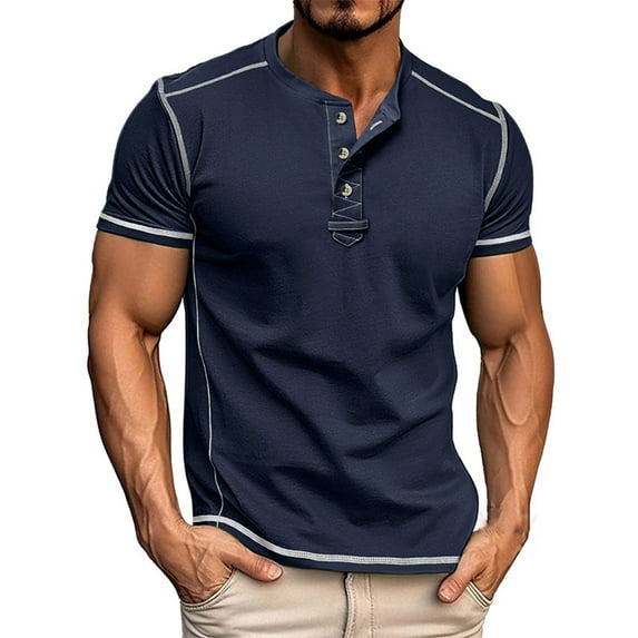 AHTJRT Mens Short Sleeve Henley Shirt with Contrast Piping Slim Fit Button Placket Crew Neck Leisure Tshirt Top Navy XL