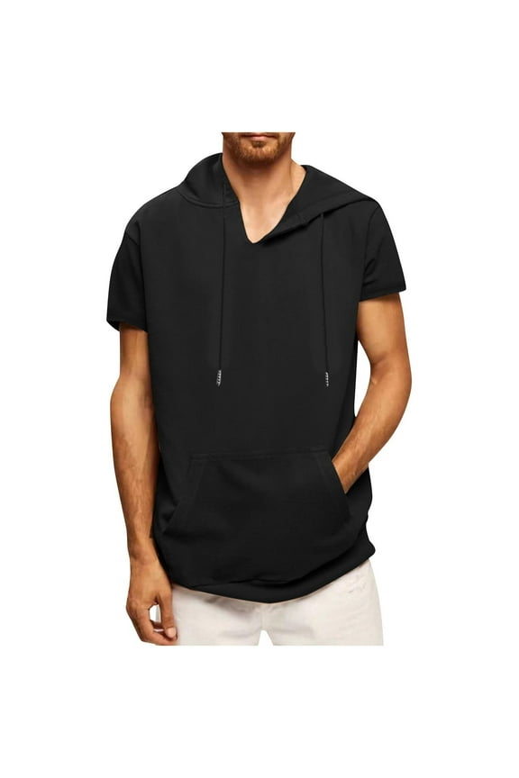 Mens Short Sleeve Hoodie V Neck Drawstrings Loose Fit Pullover Casual Fashion Front Pocket Hooded Blouse Top Black 2XL