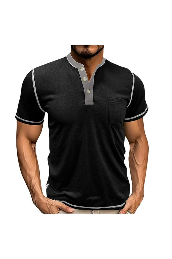 Mens Short Sleeve Patchwork Henley Tees Casual Button Up Retro Business Work V Neck Color Block Tops Black M