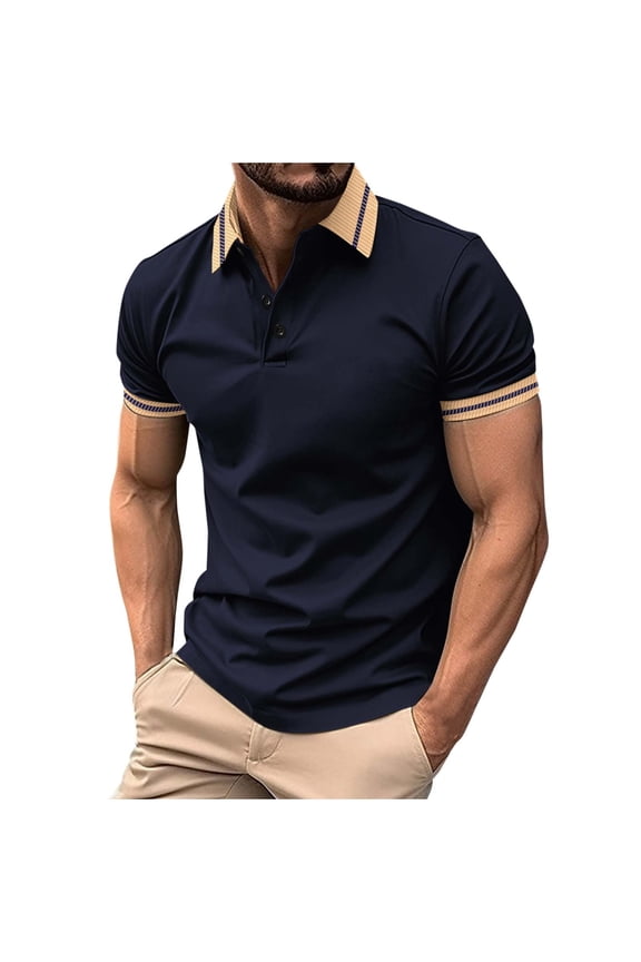 Mens Short Sleeve Polo Shirt Contrast Tipped Collar Slim Fit Two Button Placket Fashion Leisure Tshirt Top Navy 3XL