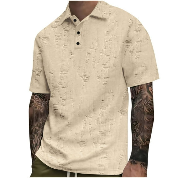 AHTJRT Mens Short Sleeve Polo Shirt Distressed Texture Point Collar Two Button Placket Regular Fit Fashion Leisure Tshirt Top Khaki 2XL