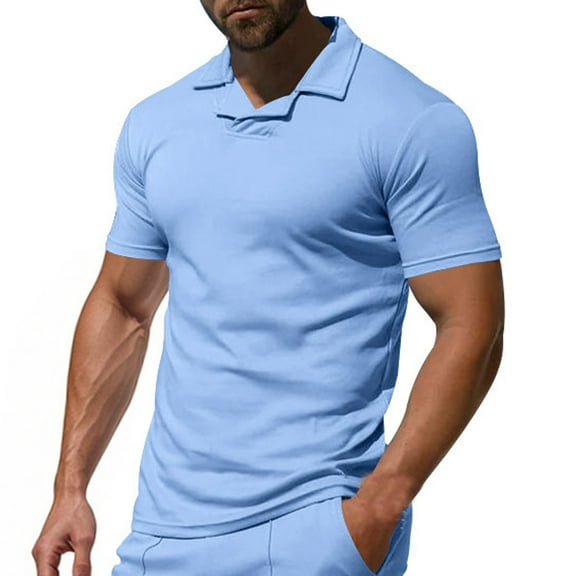 AHTJRT Mens Short Sleeve Polo Shirt Point Collar Slim Fit Casual Fashion Loose Straps V Neck Top Blouse Light Blue 2XL